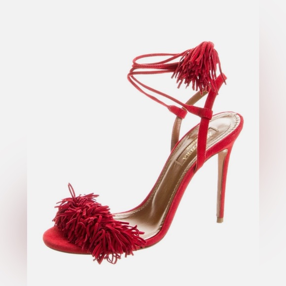 Aquazzura Shoes - Aquazzura Red Fringe Ankle Strap Heels
